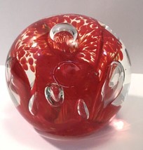 Joe Hamon Glass Paperweight Controlled Bubbles Red Flower or Abstract Art Signed - £24.04 GBP