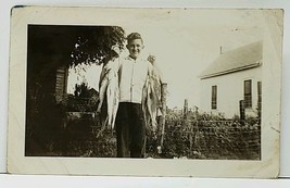 1930s Proud Young Man Fisherman, Boy With His Catch of Fish Snapshot Photo A168 - £11.22 GBP