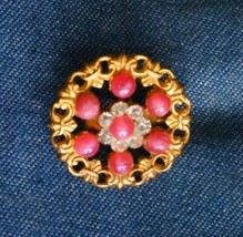 Elegant Pink Glass &amp; Crystal Rhinestone Baroque Goldtone Brooch 1950s vintage 1&quot; - £10.24 GBP