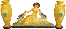 Colorful Antique Art Deco Chalkware Sculpture of Lady with Birds and Pair of - £109.30 GBP