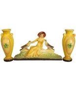 Colorful Antique Art Deco Chalkware Sculpture of Lady with Birds and Pai... - £109.48 GBP