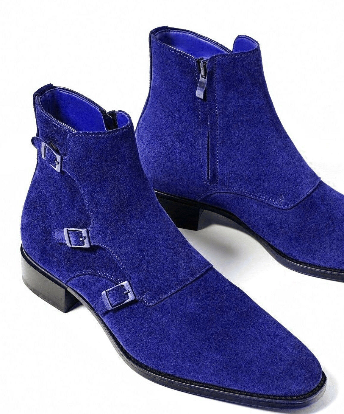 Men High Ankle Blue Color Triple Buckle Straps Monk Suede Leather Boots US 7-16
