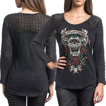 Affliction Screamin Roses Wing Skull Tattoo Lace Women Long Sleeve T-Shi... - £58.90 GBP