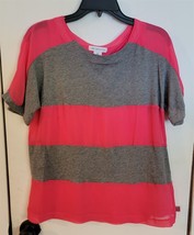 Womens M Liz Claiborne Hot Pink &amp; Gray Casual Short Sleeve Shirt Top Blouse - $18.81