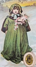 Victorian Trade Card J &amp; P COATS THREAD CUTE GIRL IN GREEN COAT WITH FLO... - £5.74 GBP