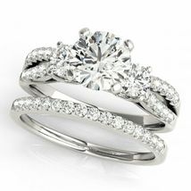 14K White Gold Over Diamond Three Stone Engagement Bridal Band Wedding Ring Set - £74.51 GBP