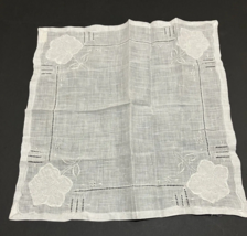 Vintage Handkerchief Pure Linen White Embellished Floral Hong Kong Formal 11 in - £7.61 GBP