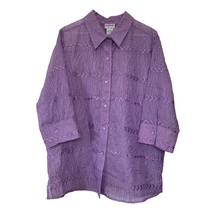 Vintage BonWorth Sheer Embroidered Shirt Womans Med Lilac Side Slits 90s... - £18.94 GBP
