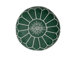 Moroccan leather pouf, round pouf, berber pouf, Green pouf with White embroidery - £55.15 GBP