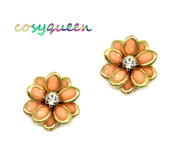 Women New Gold Clear Stone Coral Flower Petal Stud Pierced Earrings - $9,999.00