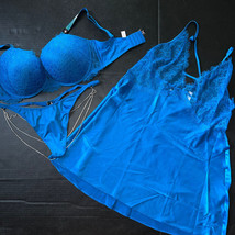 Victoria&#39;s Secret 36D,36DDD Bra Set+Xl Strappy Thong+Slip Neon Blue Shine Strap - £134.55 GBP