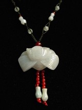 Big &amp; Thick Jade Beaded Fringe Delicate Carved Moth Orchid Flower Necklace - $22.45