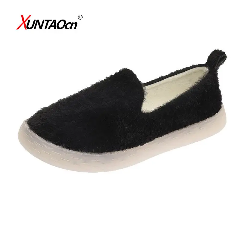 Lambs  cotton shoes women solid color slip on loafers winter square toe moccasin - £64.28 GBP