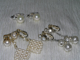 Vintage Lot of Signed White &amp; Cream Faux Pearl w Clear Rhinestone Accent Dangle - £13.80 GBP