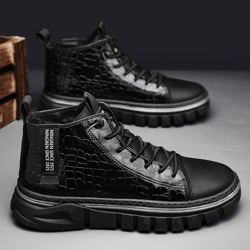 Men Boots Casual Winter Male Shoes High Top Platform Leather Outdoor Wal... - £42.65 GBP