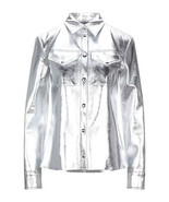 Camisa de mujer plateada de cuero genuino de piel de cordero hecha a man... - $266.89 CAD+