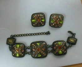 vintage rhinestone &amp; moonstone square panel bracelet and matching clip e... - $56.43