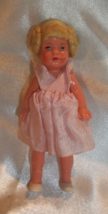 Vintage  Hard Plastic Tiny Doll Pink Satin Dress Blonde Braided German Look 4.5&quot; - £7.73 GBP