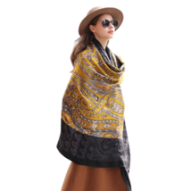 Anyyou Scarf 100% Merino Wool Black-Yellow Silk Satin Large Winter Pashmina - £69.56 GBP
