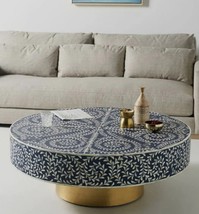 Handmade Bone Inlay Round Coffee Table - Blue Floral Pattern with Brass ... - $972.00