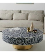 Handmade Bone Inlay Round Coffee Table - Blue Floral Pattern with Brass ... - $1,323.64 CAD