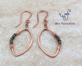 Handmade copper earrings: marquis leaf shape with bronze green glass beads - £21.94 GBP