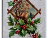 Good Wishes For Christmas Foiled Birds Holly Landscape Embossed DB Postc... - $3.91