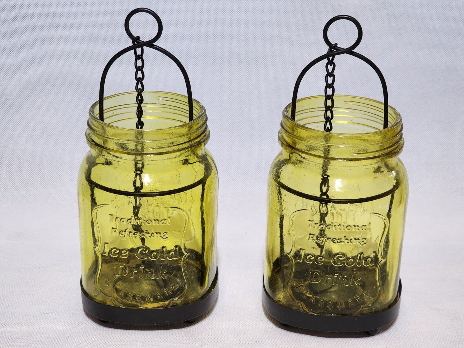 Primary image for Mason Jar Amber Glass Hurricane Lantern Vase With Metal Holder Hanger - Set Of 2