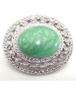 Green Cabochon in Silver Tone Filigree Setting Brooch Pendant - €8,53 EUR