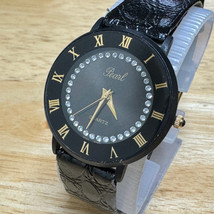 Vintage Pearl Quartz Watch Unisex Black Faux Diamonds Leather Analog New... - $23.74