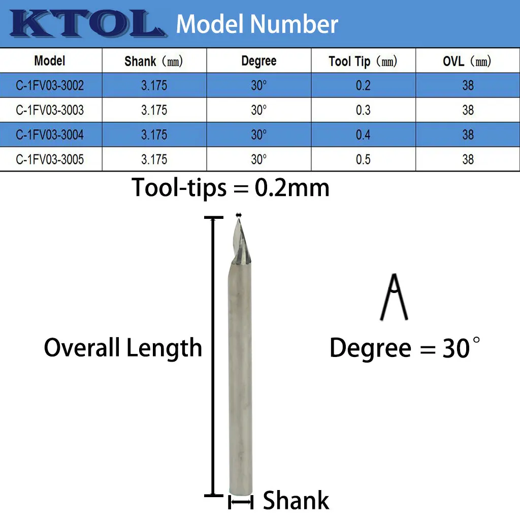 Tip 0.2-0.5mm 3.175x30 Degree 1 Flute V Carving Bit CNC Router Tools PCB Engravi - £281.38 GBP