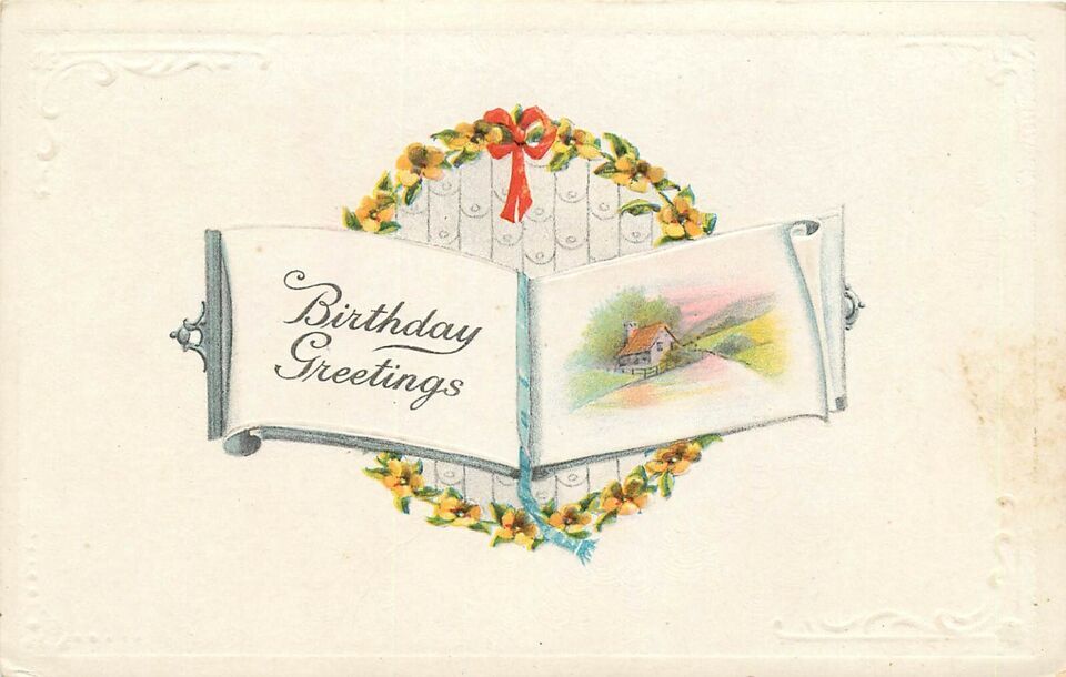 Embossed DB Postcard K014 Birthday Greetings Book House Wreath Yellow Vi... - $4.95
