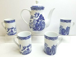 5 Royal Cuthbertson White Blue Willow (1) Lidded Teapot (4) 5&quot; Coffee Tea Mugs - £55.42 GBP