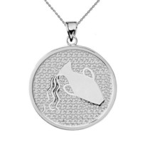 .925 Sterling Silver Zodiac Sign Aquarius Disc Pendant Necklace - £25.59 GBP+