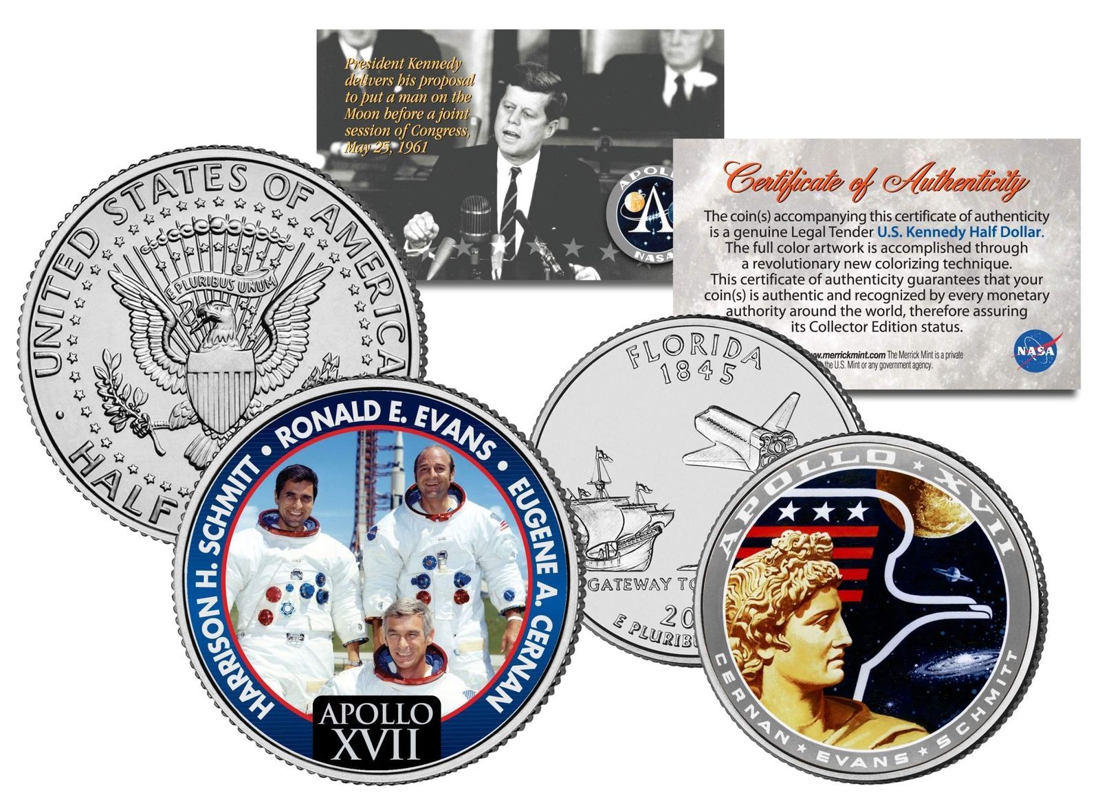 APOLLO 17 SPACE MISSION 2-Coin Set US Quarter &amp; JFK Half Dollar NASA AST... - $15.85