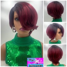 Sasie&quot; Synthetic 1B/Burgundy Curved Lace Part Heat Resistant Bob Wig, Side Bangs - £57.27 GBP