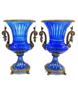 Pair Antique Cobalt Blue Glass Vases with Ornate Bronze Rim, Handles and... - $1,393.02 CAD