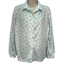 Vintage Nikki Button Down Blouse Flowers Blue 70s Size M Long Sleeve Disco - $24.70