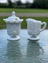 Westmoreland Milk Glass Paneled Grape Creamer And Lace Edge Sugar With Lid - £21.98 GBP