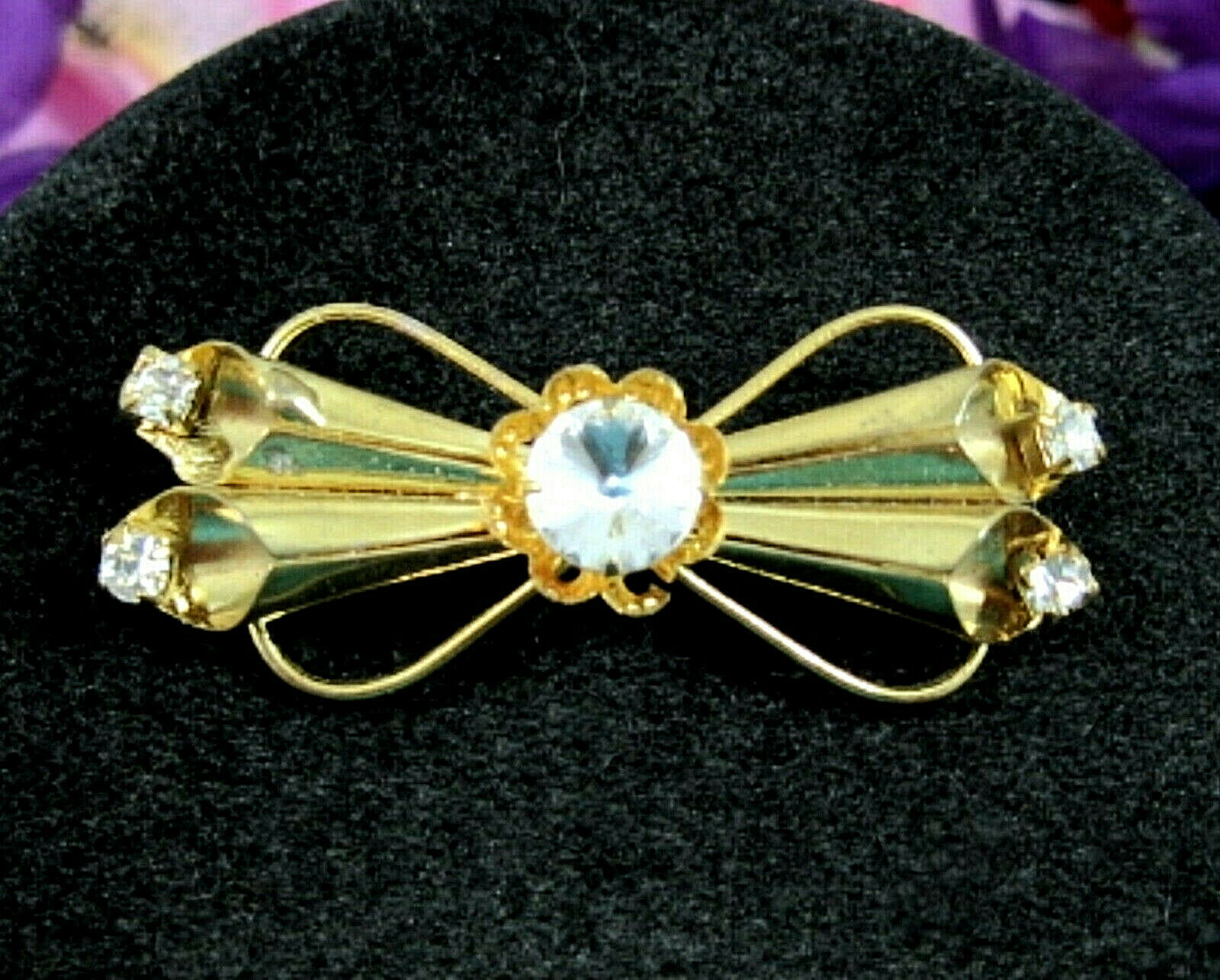 Tubular Cone BOW BROOCH Rivoli Rhinestone Pin Vintage Clear Stone Goldto... - $12.99
