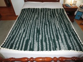 Crocheted HUNTER GREEN/WHITE BULKY Acrylic Stripe  AFGHAN or THROW--56&quot; ... - $24.00