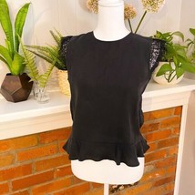 $40 ZARA lace trim cap sleeve open back peplum blouse S black silky top nwd - €0,86 EUR