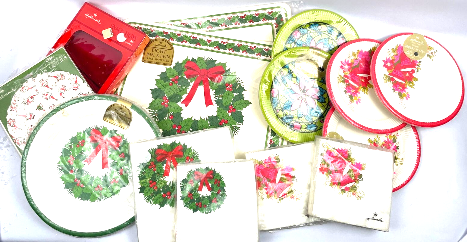 Vintage Hallmark Christmas Paper Plate Napkin Placemat Wreath Bell Lot  - $42.00