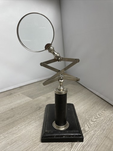 Vintage Magnifier Brass 3” Magnifying Glass on Wooden Style Desktop Stan... - $19.79