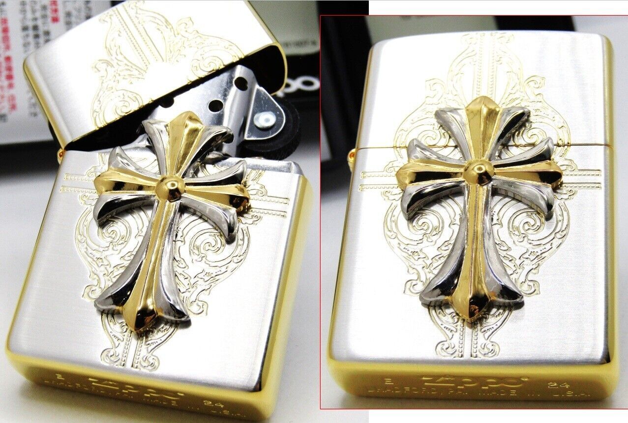 Cross Sculpture Gold Silver Metal Combination Zippo Oil Lighter 2024 MIB - $95.81