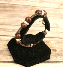 Brown Beaded With Sequined Hoops Brown Rope Bracelet 9&quot; Toggle Clasp - £6.84 GBP