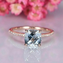 2Ct Cushion Cut Blue Aquamarine Solitaire Engagement Ring 14K Rose Gold Finish - £74.33 GBP