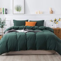 Dark Green Washed Cotton Duvet Soft and Breathable Duvet Cover Set with Button C - £54.03 GBP+