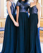 Navy-blue Long Chiffon Skirt Outfit Wedding Party Cusotm Plus Size Chiffon Skirt