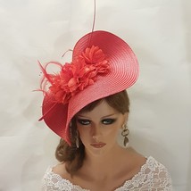 RED fascinator large saucer hatinator long Quil Floral Church Derby Ascot Royal  - £54.18 GBP